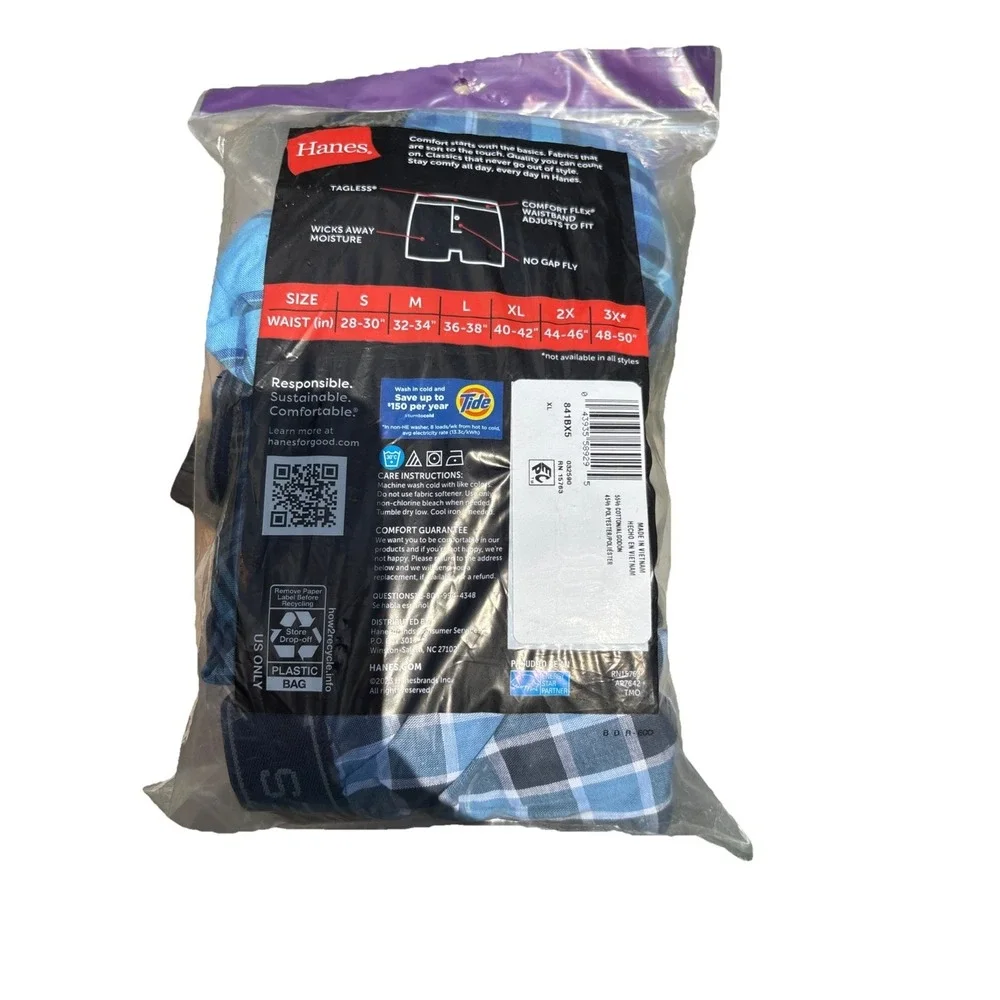 Hanes ~ 6-Pair Men's Woven Boxers Cotton Blend No Gap Fly Blue Plaid‎ ~ XL